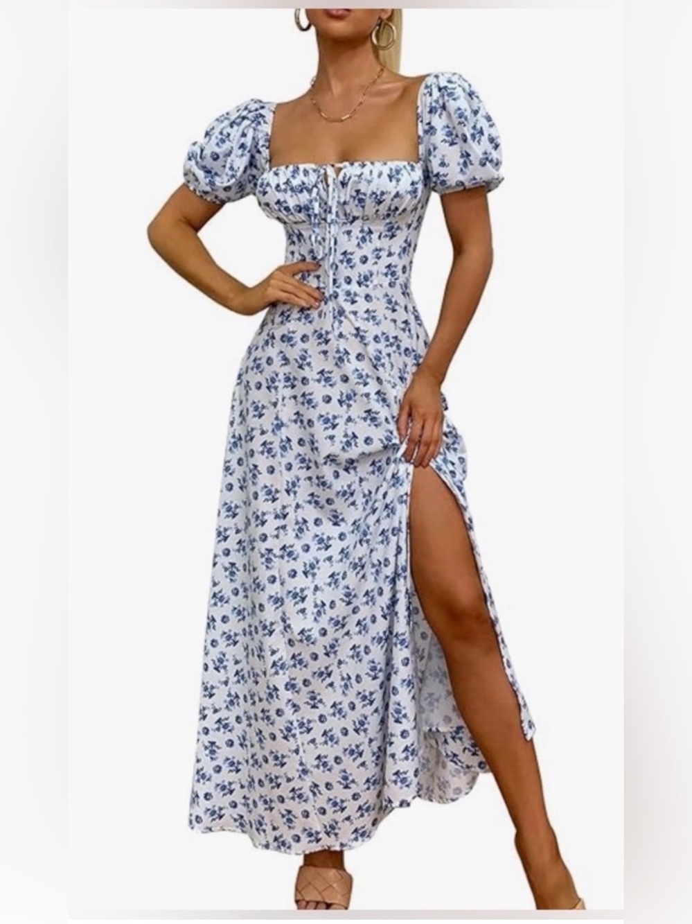 Sweetheart Neck Puff Sleeve Maxi Dress in Blue Floral milkmaid size small